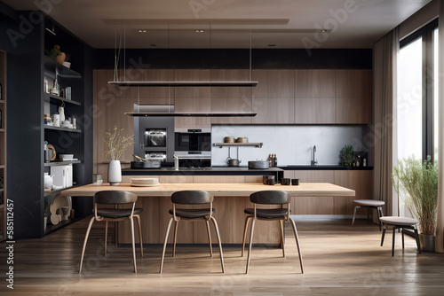 3D rendering modern kitchen, with luxury furniture, beautiful light, color scheme, concept, generative AI