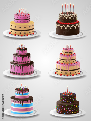 Cartoon cakes. Colorful delicious desserts  birthday cake with celebration candles and chocolate slices  holiday party decoration cupcakes vector set
