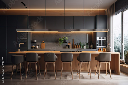 3D rendering modern kitchen, with luxury furniture, beautiful light, color scheme, concept, generative AI