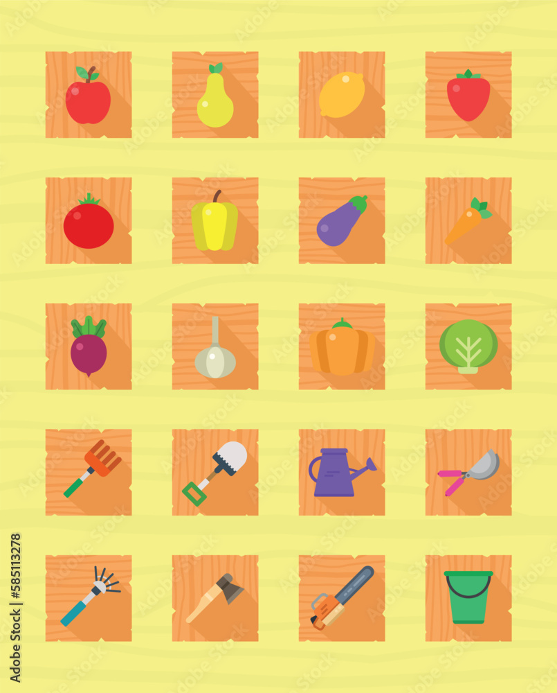 Fruit and vegetable icons set, Farmer's harvest icons set, Farm equipment icons, Rustic farm