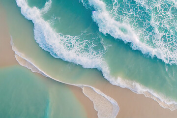 Spectacular top view from drone photo of beautiful beach with relaxing sunlight, sea water waves pounding the sand at the shore. Calmness and refreshing beach scenery.