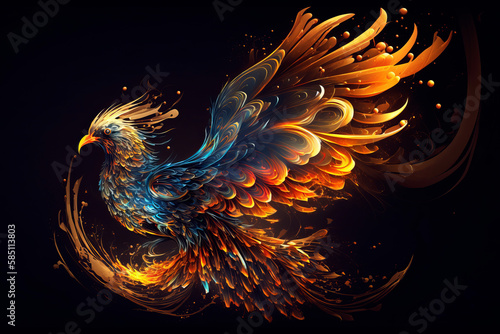 Fire burning Phoenix Bird with black background.