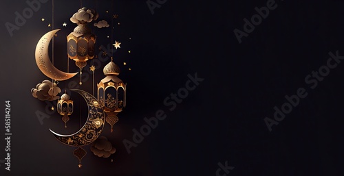 lantern islamic , eid mubarak, Eid al Adha banner with Generative AI photo