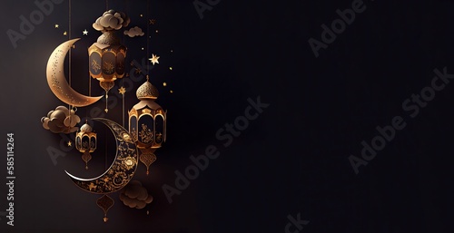 lantern islamic , eid mubarak, Eid al Adha banner with Generative AI