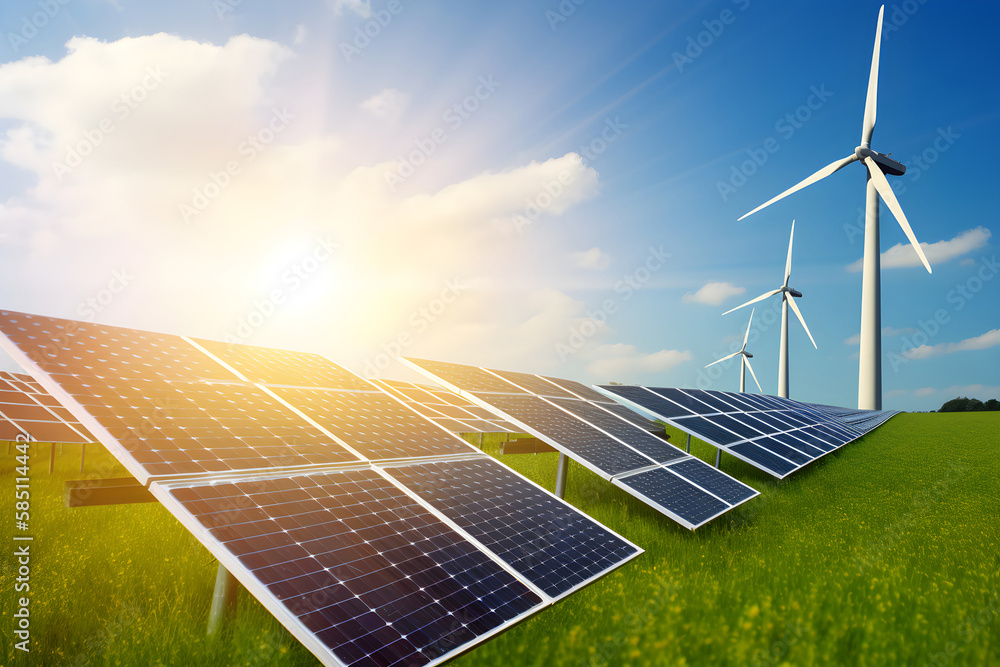 Solar panels and wind turbines in grassy field with sunlight ...