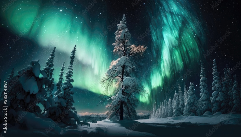 Northern Lights, Snowy Wonderland, Aurora Wallpaper. Generative AI