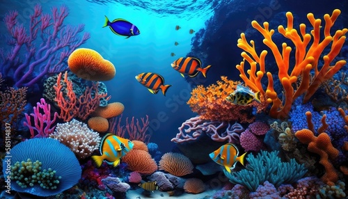 Colorful Coral Reef, Marine Wonderland Wallpaper. Generative AI