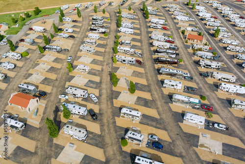 Stunning aerial view of trailers RV holiday in campground where recreational vehicles can be parked