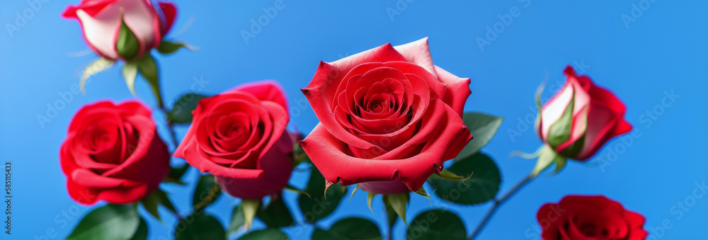 Illustration of a bouquet of red roses against a blue background created with Generative AI technology Illustration of a bouquet of red roses against a blue background created with Generative AI technology