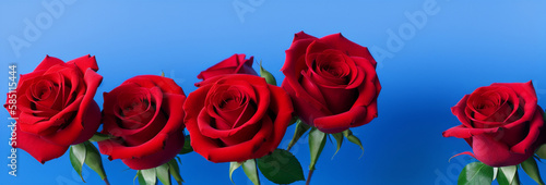 Illustration of a bouquet of red roses against a blue background created with Generative AI technology