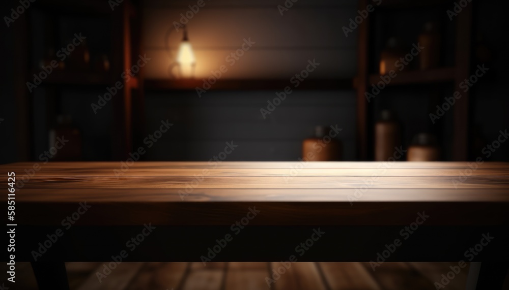 Empty wooden table in dark stylish living room with blurred background. Generative AI Empty wooden table in dark stylish living room with blurred background. Generative AI