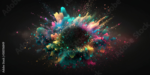 Background with small flying colorful particles and confetti, generative AI. photo