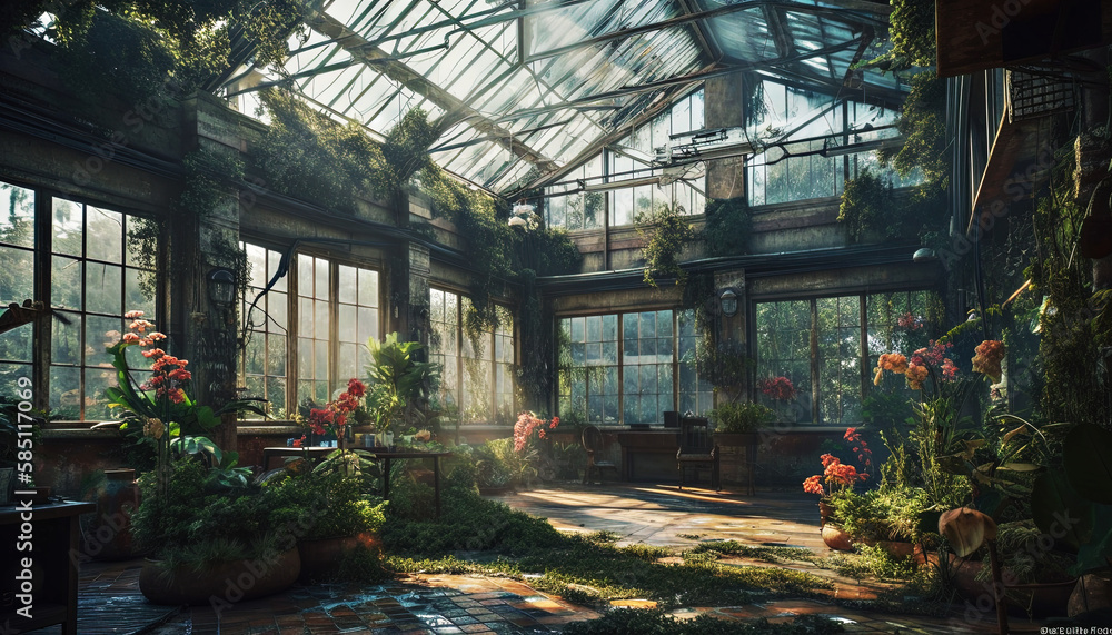 Large rococo glasshouse interior in the jungle environment. created using Generative Ai Large rococo glasshouse interior in the jungle environment. created using Generative Ai