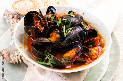 Traditional Italian mussels und red wine tomato sauce with blue mussels served as close-up in a design plate