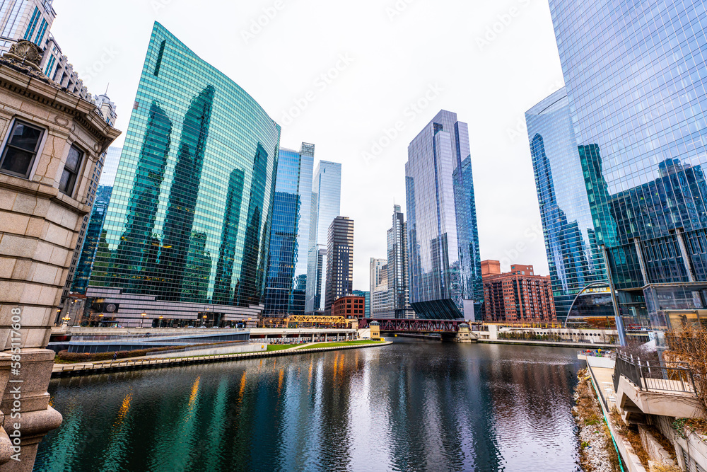 Fototapeta premium Chicago, Illinois skyline from the Chicago River 