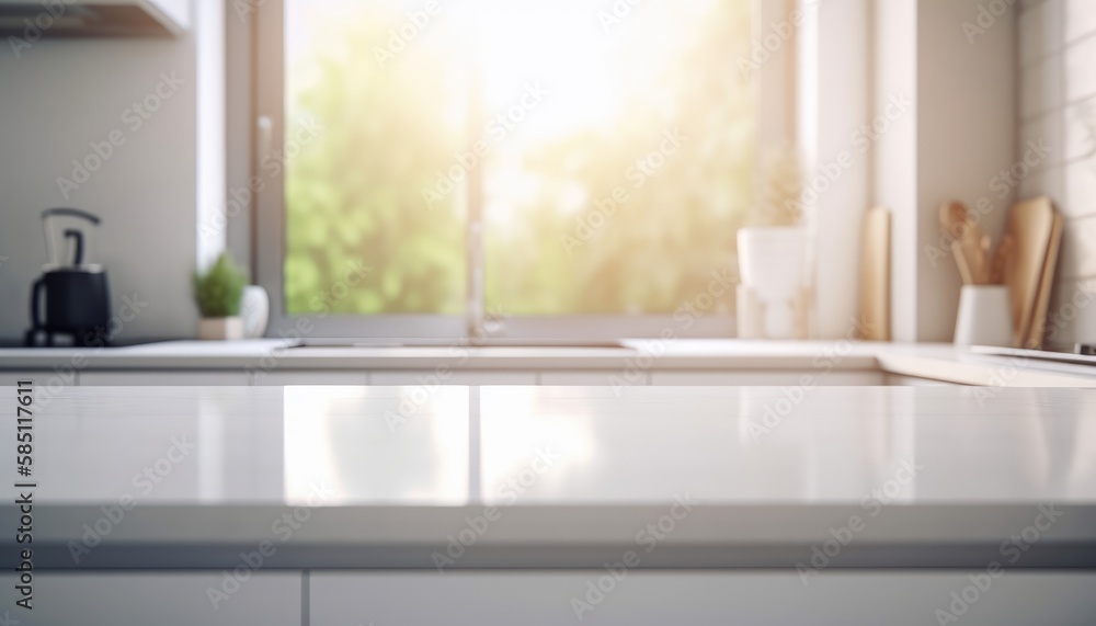 Empty white table and defocused modern kitchen background. Generative AI Empty white table and defocused modern kitchen background. Generative AI