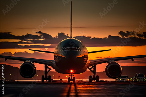 A plane is on the runway at sunset with the tail pointing up.