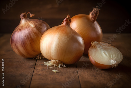 Onions on a wooden table shallot ingredient for cooking vegetables