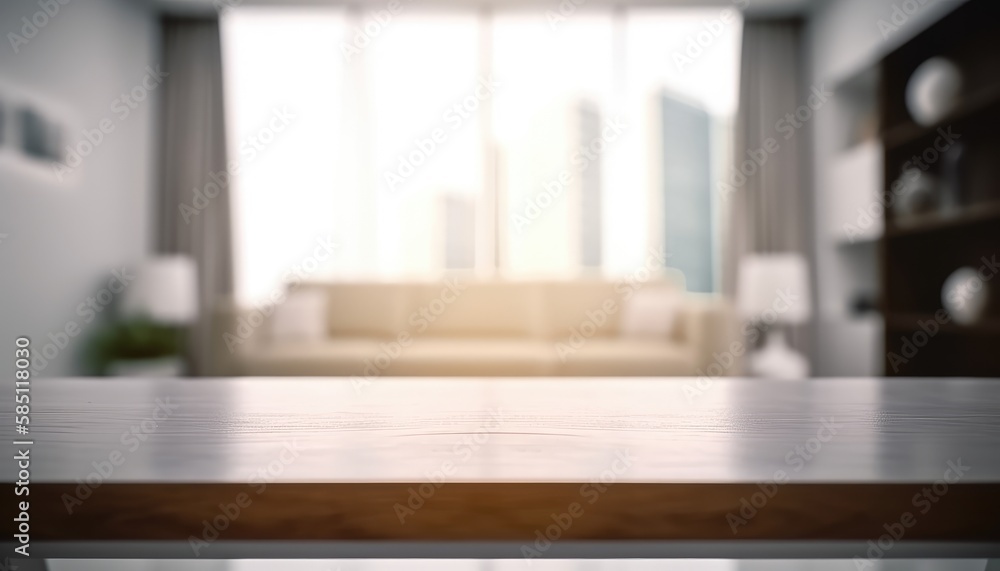 Empty table and copy space with blurred living room background in the morning. Generative AI