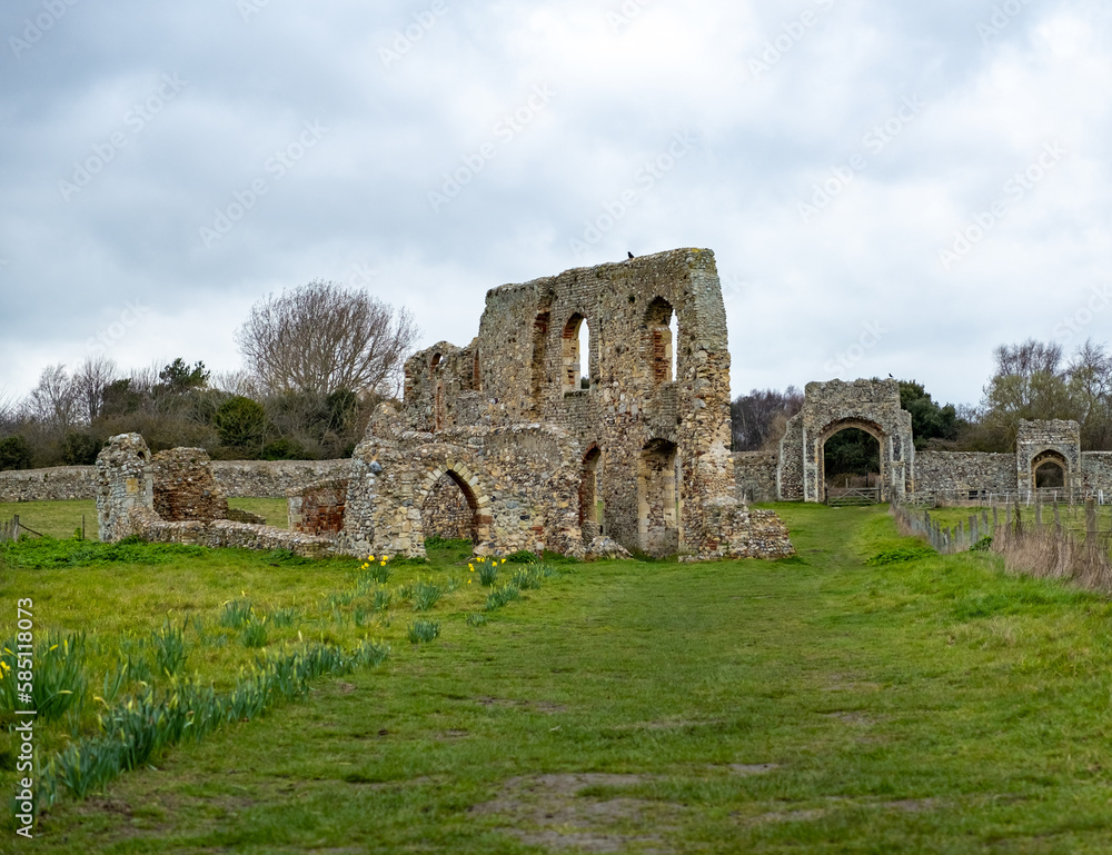 Front on view of an old historic chapel or priory in Dunwich in Suffolk