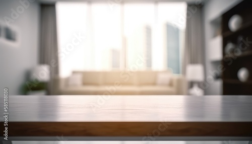 Empty table and copy space with blurred living room background in the morning. Generative AI