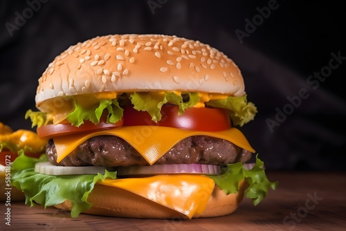 Beef burger, lettuce, tomato, onion, cheese served in the restaurant. Fast food American food. Tasty gourmet grilled