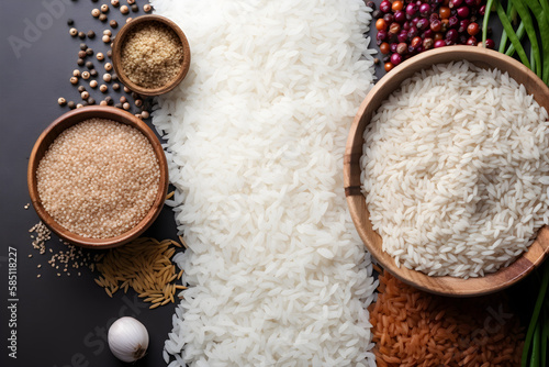 Top view of grains and rice in the background Natural food rich in protein photo