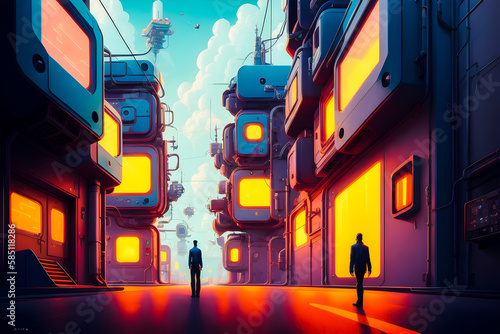 Futuristic City Buildings Funky Cyberpunk modern art illustration Generative AI