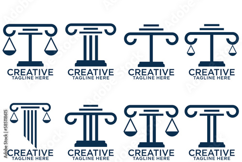 Law firm logo set. Law office logotypes set with scales of justice. Symbols of legal centers or law advocates. Scales of justice icons
