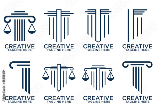Law firm logo set. Law office logotypes set with scales of justice. Symbols of legal centers or law advocates. Scales of justice icons