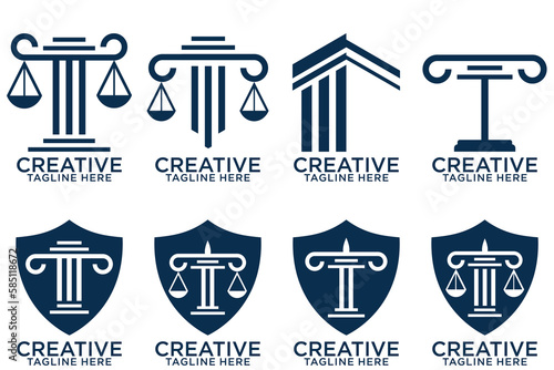 Law firm logo set. Law office logotypes set with scales of justice. Symbols of legal centers or law advocates. Scales of justice icons