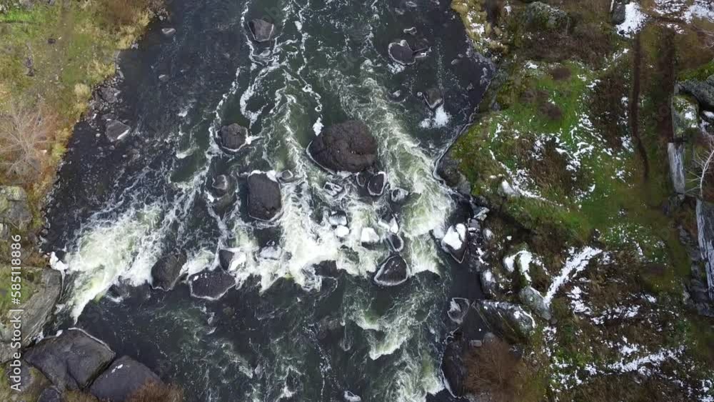 Aerial of River with White Water Rapids And Rock Boulders Aerial of River with White Water Rapids And Rock Boulders