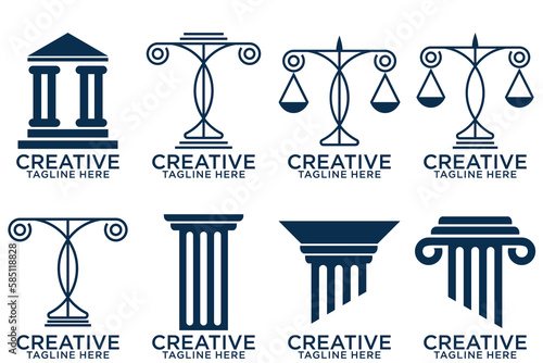 Law firm logo set. Law office logotypes set with scales of justice. Symbols of legal centers or law advocates. Scales of justice icons