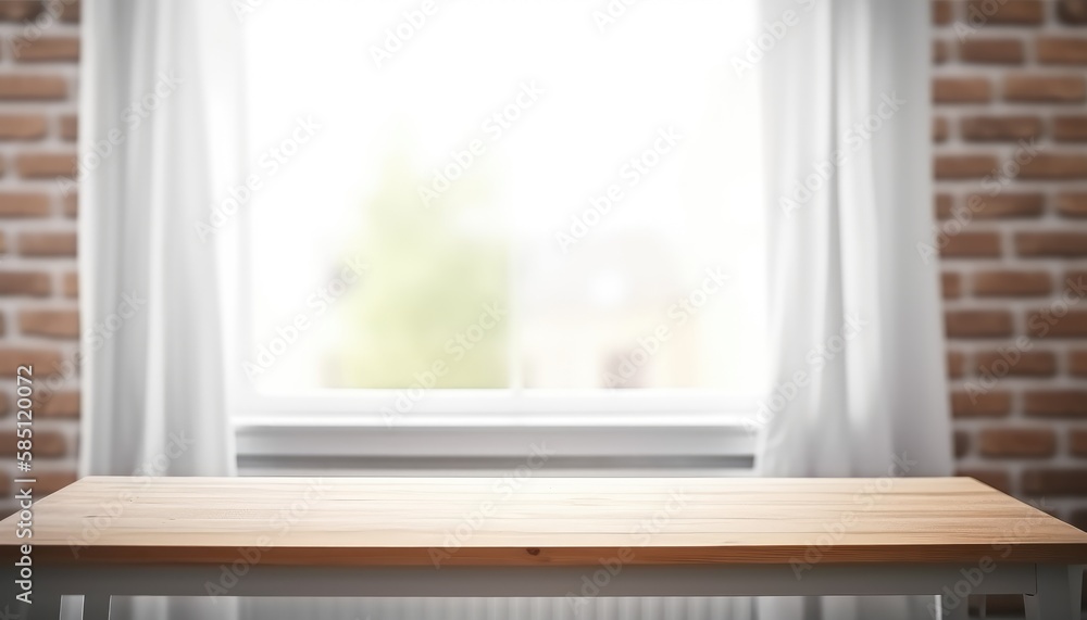 Empty wooden table with brick wall and window background. Generative AI