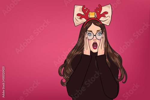 Beautiful girl in glasses surprised with advertising poster or party invitation with sexy girl open mouth in cartoon style. Facial expression. illustration