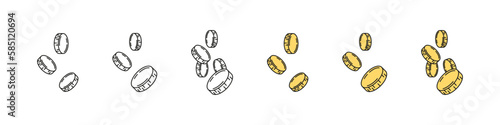 Coins dropping vector icon set. Coin fall symbol. Golden cash outline token.