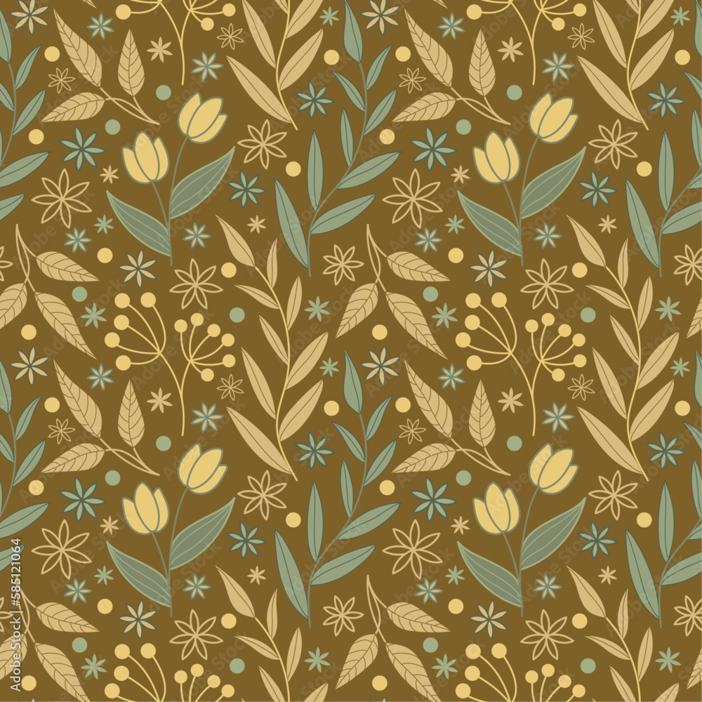 Seamless repeat vector pattern. Boho inspired small scale flowers and foliage in green and yellow. Seamless repeat vector pattern. Boho inspired small scale flowers and foliage in green and yellow.