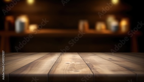 Empty wooden table with copy space against dark rustic living room background. Generative AI © Natee Meepian