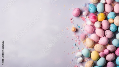 Easter holiday background with copy space. Top view Easter eggs  colorful wallpaper