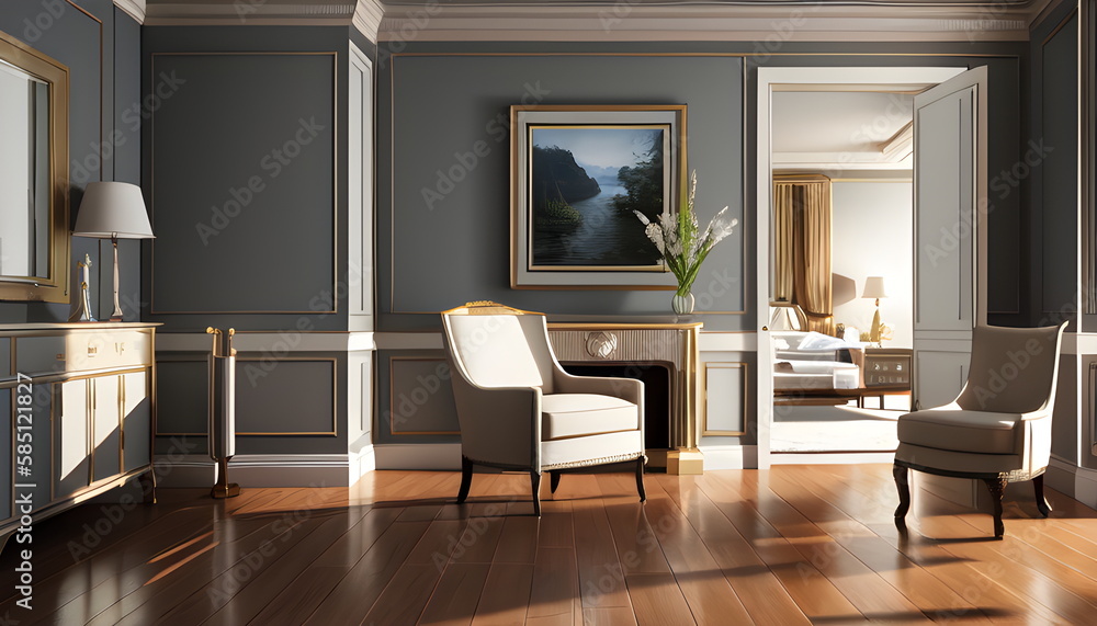 Fototapeta premium Living room interior of furnished apartment cozy couch sofa wooden flooring Generative AI