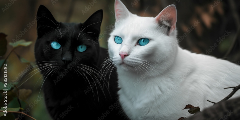 Two cats, white cat with blue eyes, black cat with green eyes