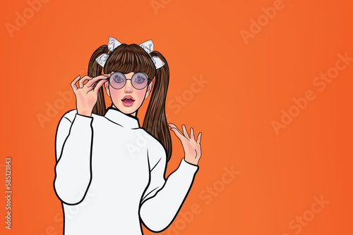 Attractive glasses girl surprised with advertising poster or party invitation with sexy girl in club opening mouth in cartoon style. Illustration