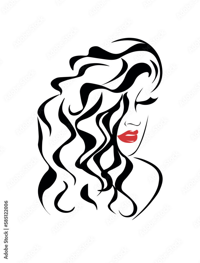 woman with long hair. woman face. Hair stile icon. Red lips, sexy woman's kiss with birthmark, flat style, vector illustration. Beauty logo.