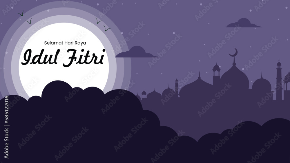 Arabic calligraphy design for Idul Ftri and Ramadan Kareem. Islamic Arabic purple silhouette background with mosque. Islamic background Arabic calligraphy design for Idul Ftri and Ramadan Kareem. Islamic Arabic purple silhouette background with mosque. Islamic background