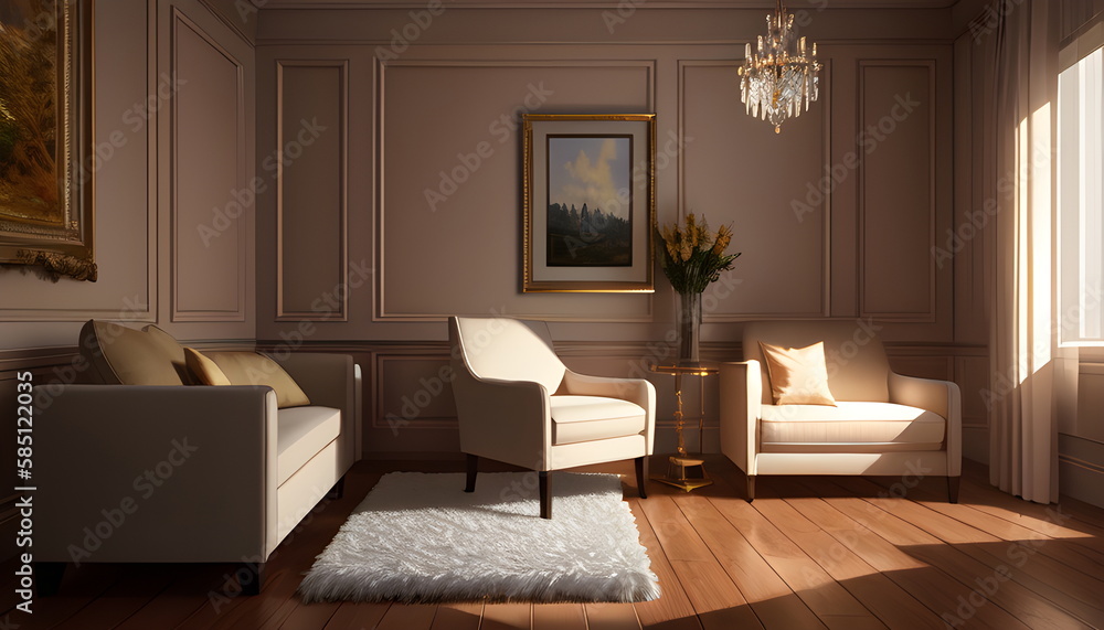 Fototapeta premium Living room interior of furnished apartment cozy couch sofa wooden flooring Generative AI