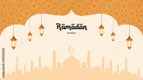 Ramadan Kareem greeting card with calligraphy. Vector illustration of islamic holiday symbols.
