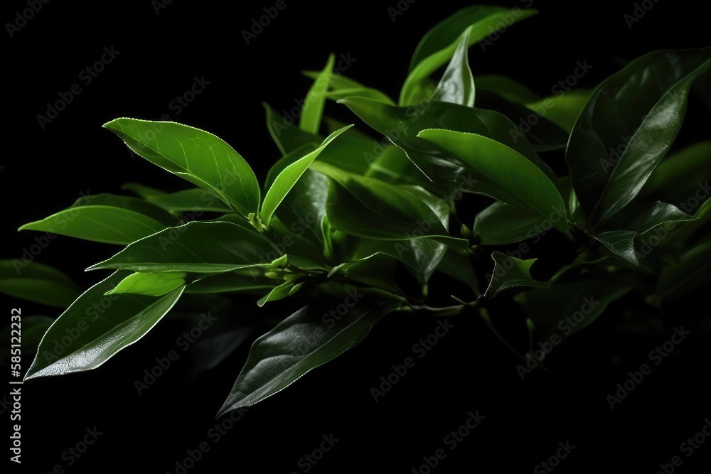 Fototapeta premium green tea leaves on black.