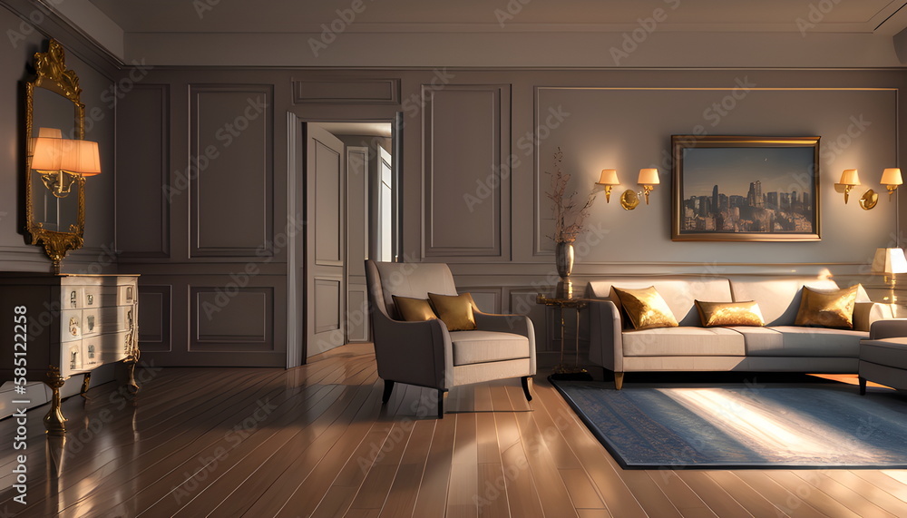 Fototapeta premium Living room interior of furnished apartment cozy couch sofa wooden flooring Generative AI
