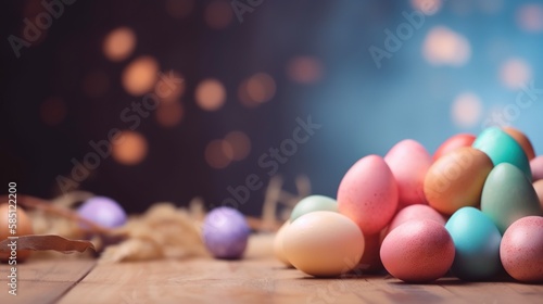 Easter holiday background with copy space. Side view Easter eggs, colorful wallpaper