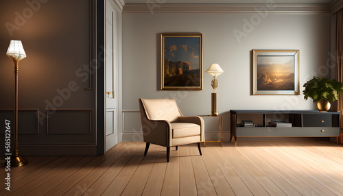 Living room interior of furnished apartment cozy couch sofa wooden flooring Generative AI